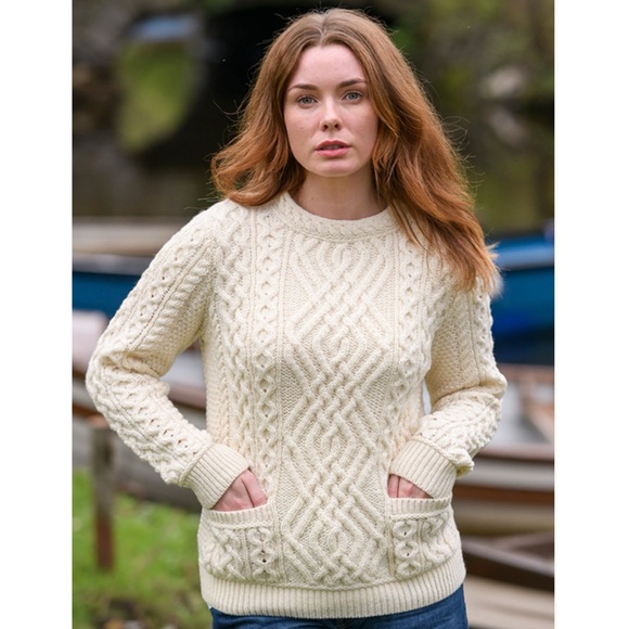 Aran Crafts Sweater Women XL Chunky Cable Knit Merino Wool Pockets Natural White - Picture 1 of 8